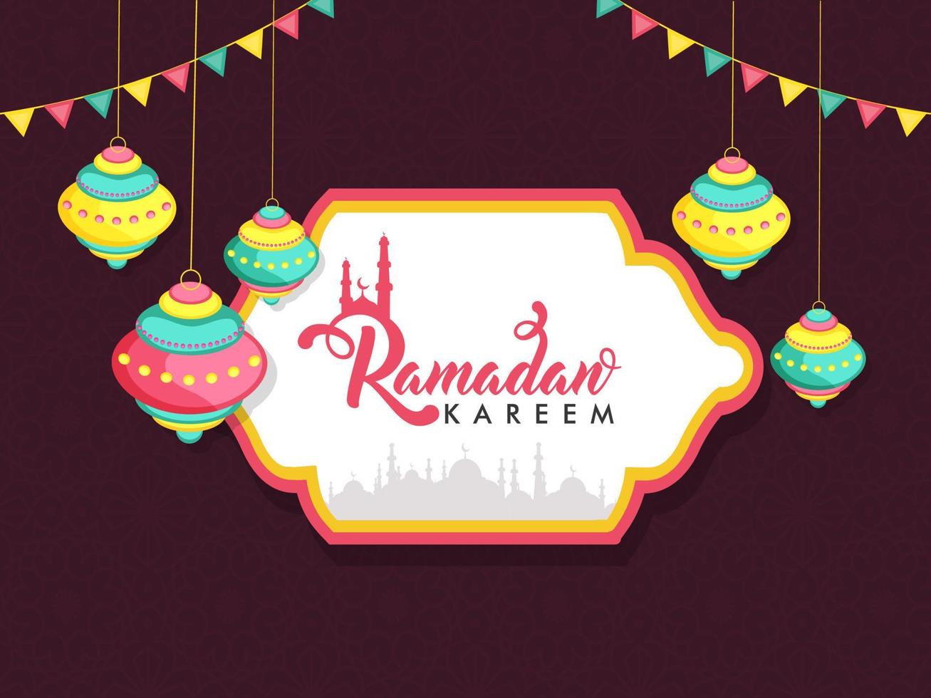 Ramadan Kareem Font with Silhouette Mosque in Vintage Frame, Hanging Lanterns and Bunting Flags Decorated on Burgundy Islamic Pattern Background. vector