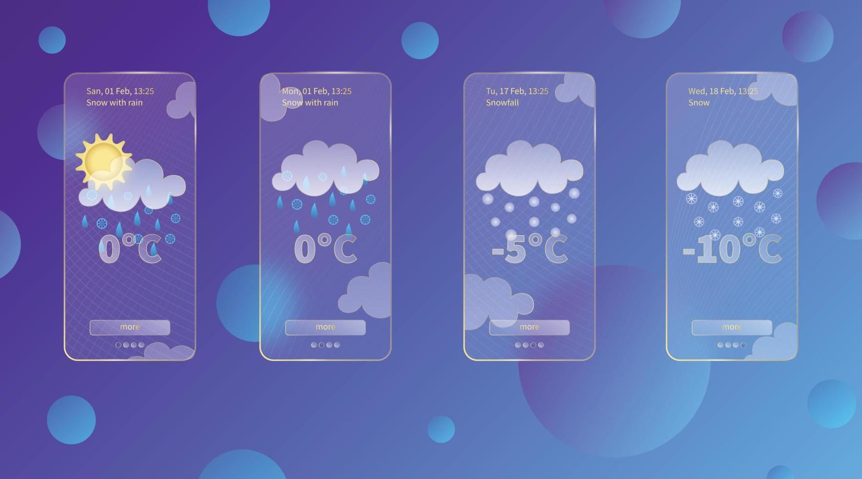 Set of 3d glassmorphism weather forecast app template Interface design kit. Winter meteo icons on dark blue gradient background Season collections smartphone glass morphism screen Vector illustrations