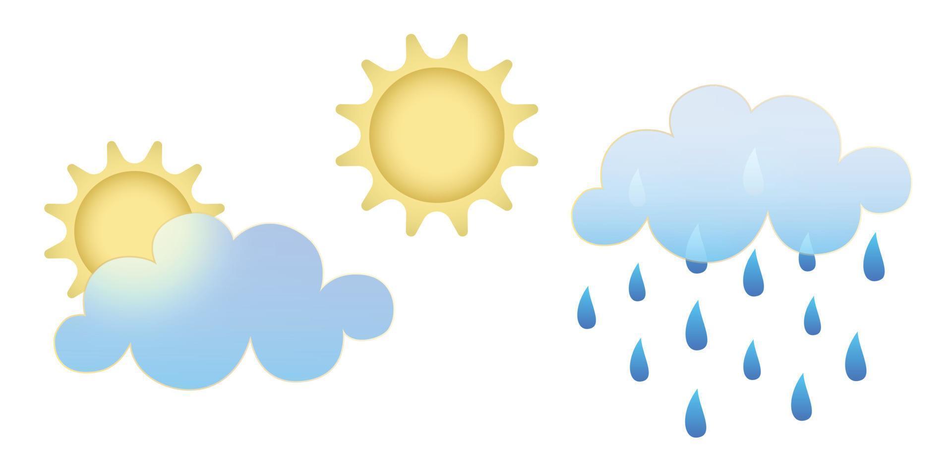 Set of weather icons. Glassmorphism style symbols for meteo forecast app Elements Isolated on white background. Day and night summer spring autumn season sings. Sun, rain, clouds Vector illustrations