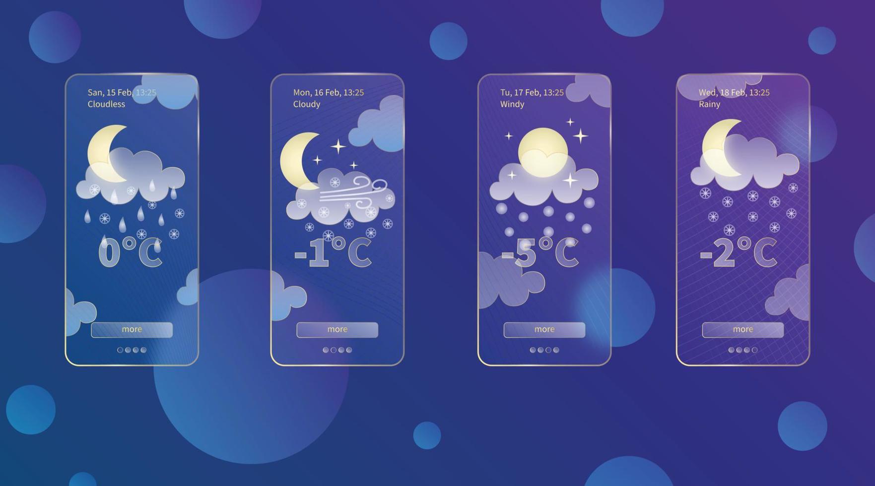 Set of 3d glassmorphism weather forecast app template Interface design kit. Night meteo icons on dark blue gradient background Season collections smartphone glass morphism screens Vector illustrations