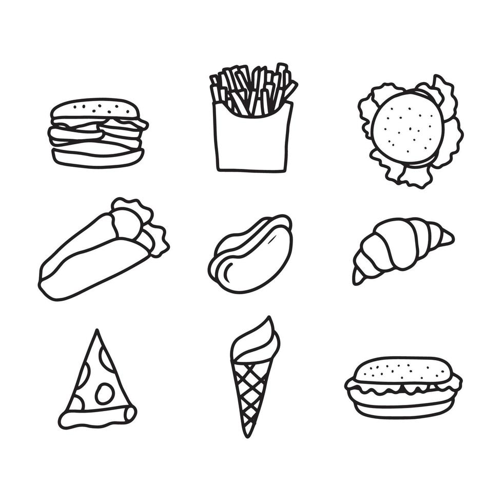 Fast food icons set outline doodle. Hand Drawn Vector Illustration