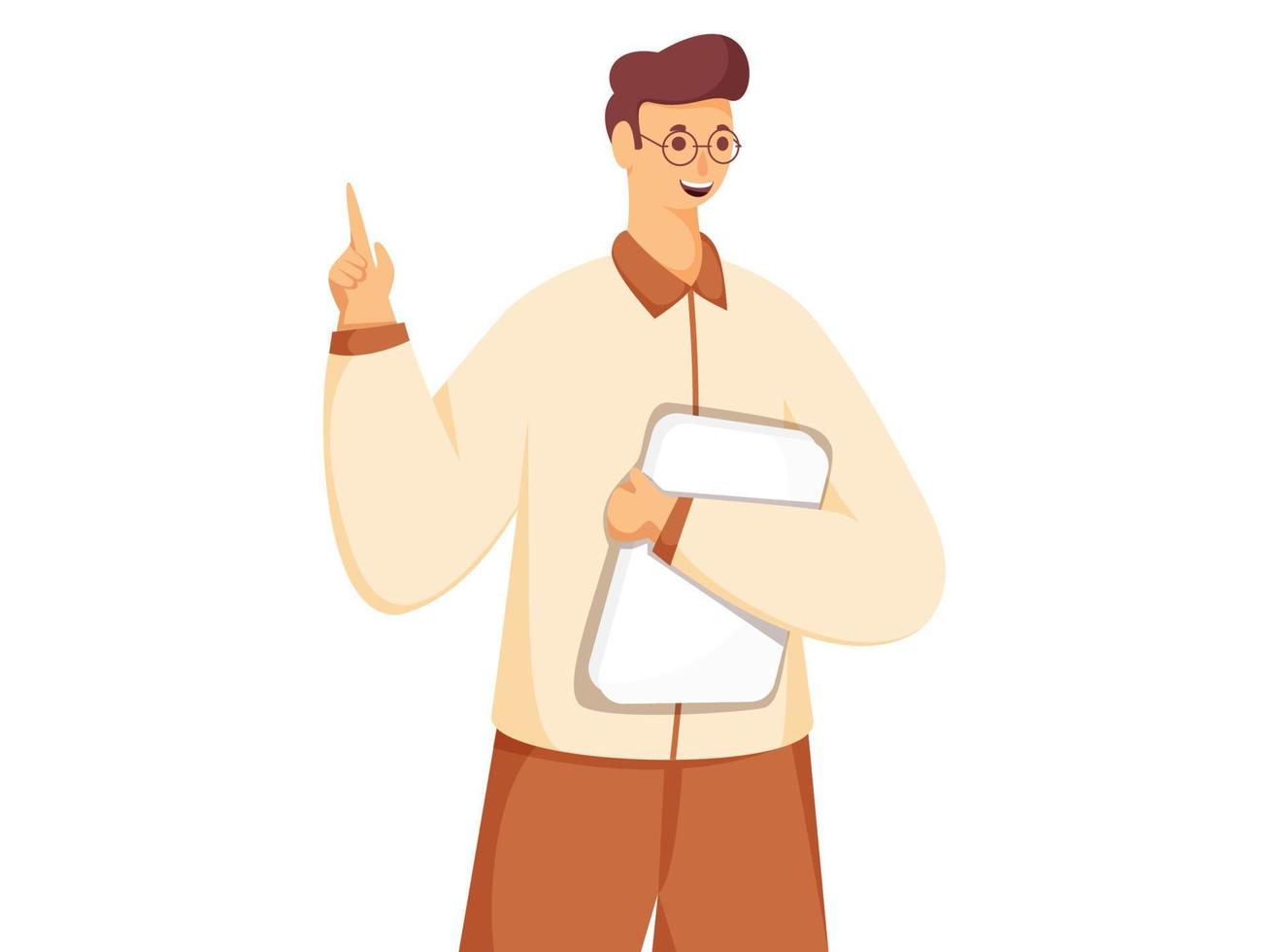 Young Man Holding Book or File with Index Finger Point in Standing Pose. vector