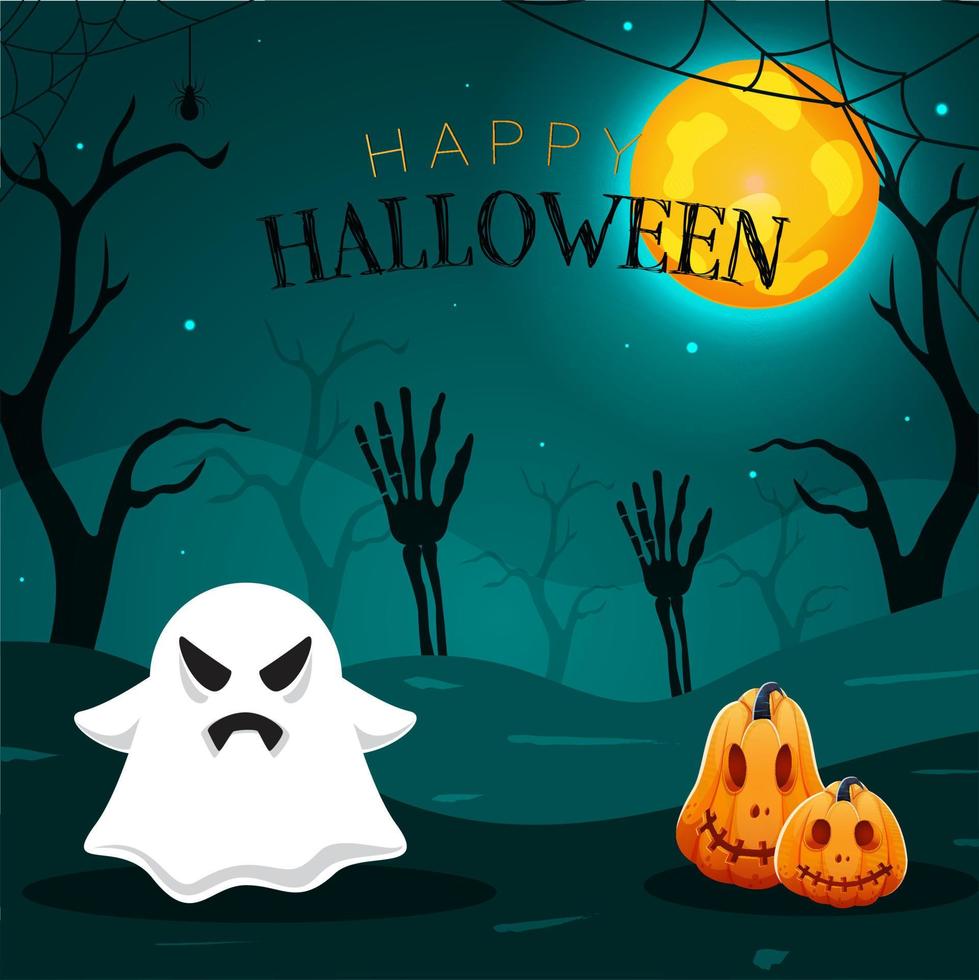 Happy Halloween Poster Design with Cartoon Ghost, Jack-O-Lanterns, Skeleton Hands and Bare Trees on Full Moon Teal Background. vector