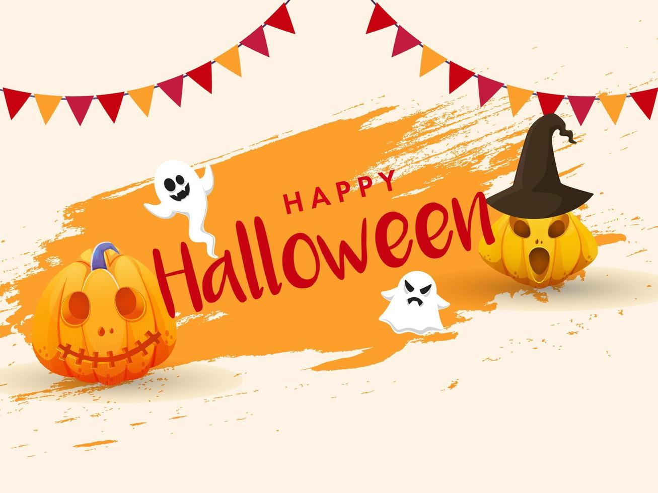 Happy Halloween Text With Funny Ghosts, Jack-O-Lanterns, Bunting Flag And Yellow Brush Stroke Effect On Background. vector