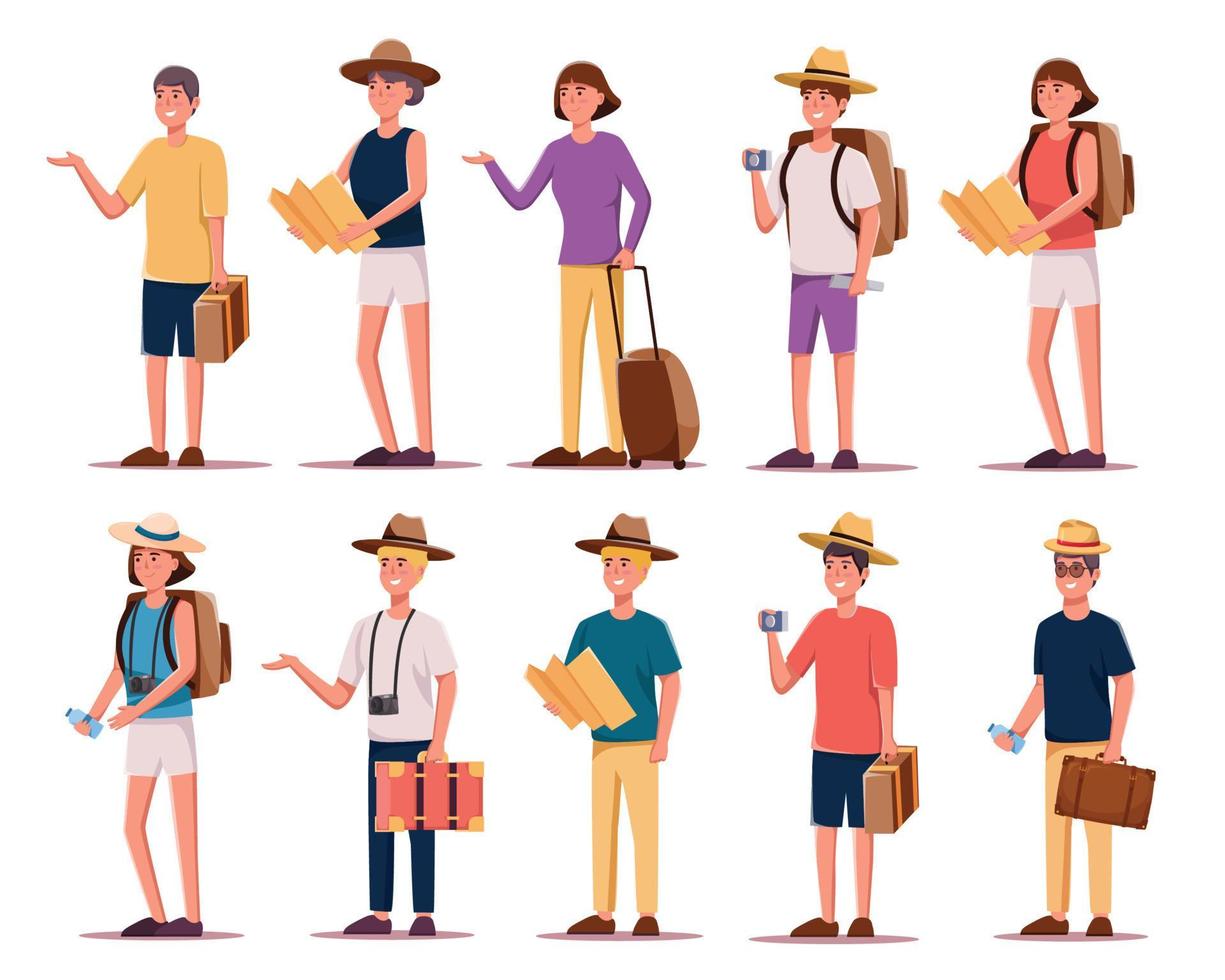 conjunto de caracteres turistas de viaje personas vector ilustración