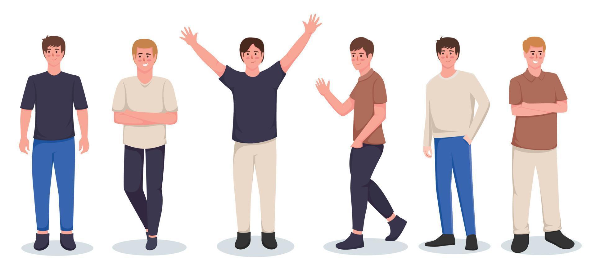 set of character man in casual wear in various movements vector illustration