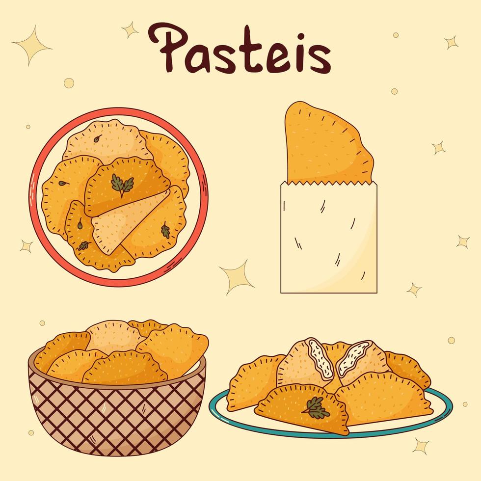 Set of Brazilian traditional food. Pasteis. Vector illustration in hand drawn style