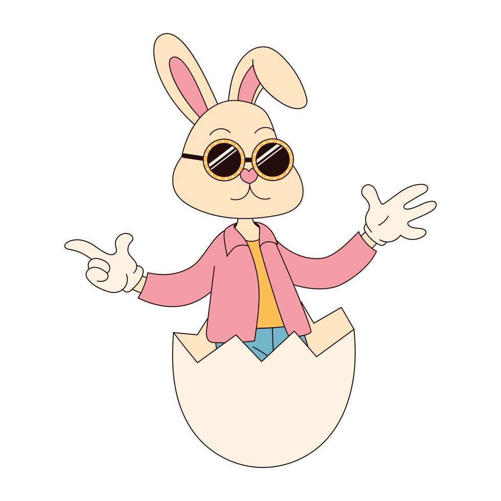Groovy hippie Happy Easter character. Easter bunny in trendy retro 60s 70s cartoon style. vector