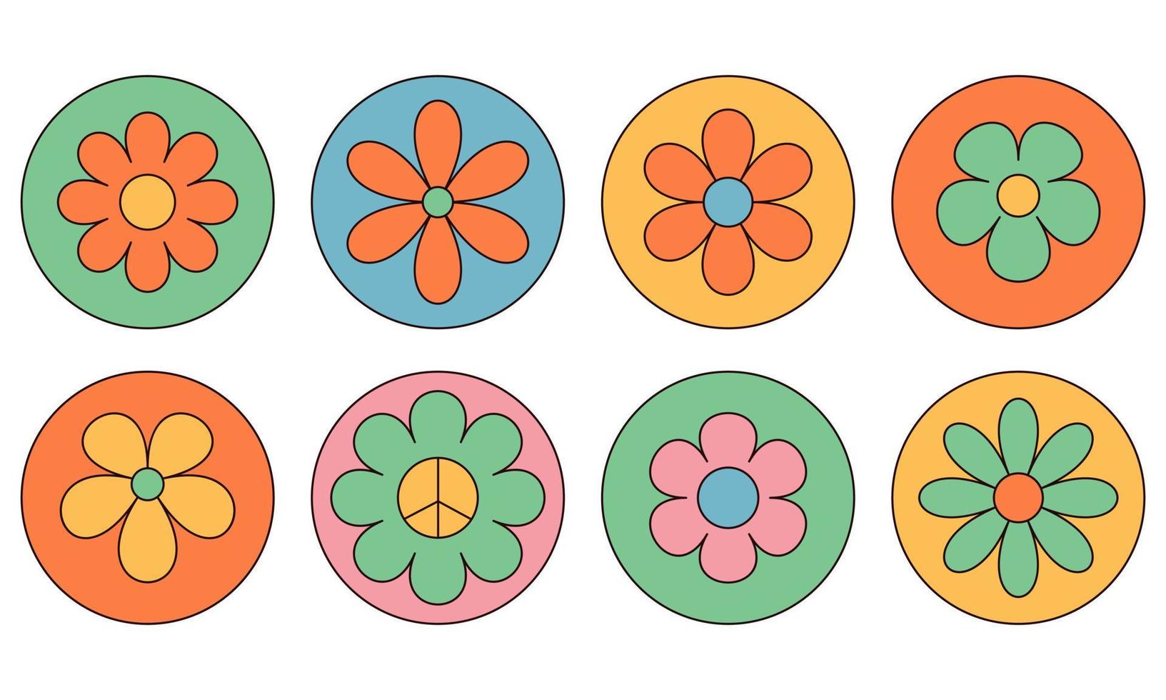 Groovy hippie flower stickers. Sticker pack of flowers in trendy retro 60s 70s cartoon style. vector