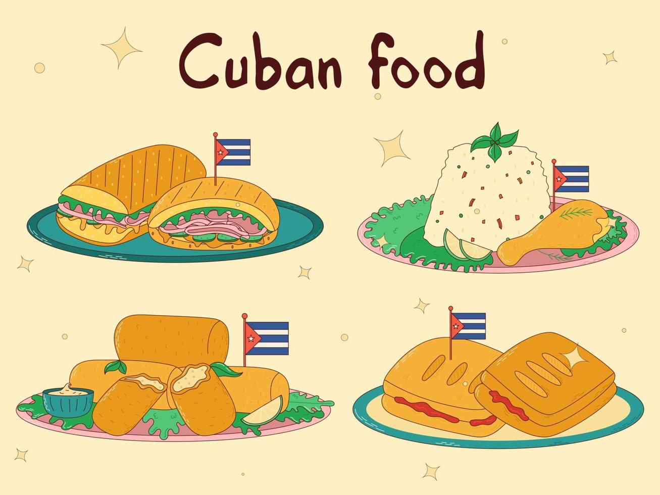 conjunto de cubano alimento. tradicional cubano plato. vector ilustración