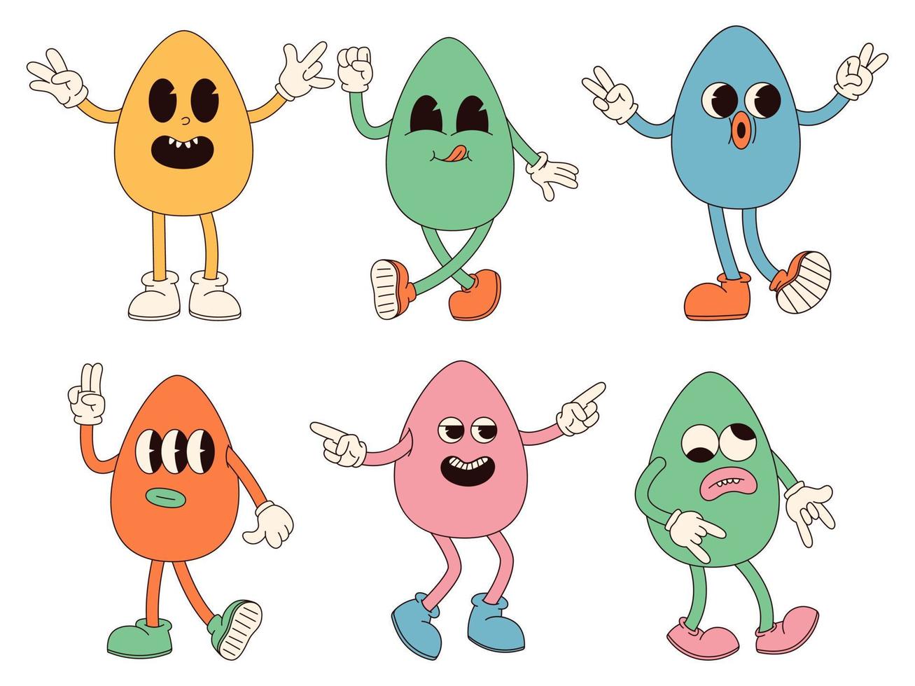 Groovy hippie Happy Easter characters. Set of Easter eggs in trendy retro 60s 70s cartoon style. vector