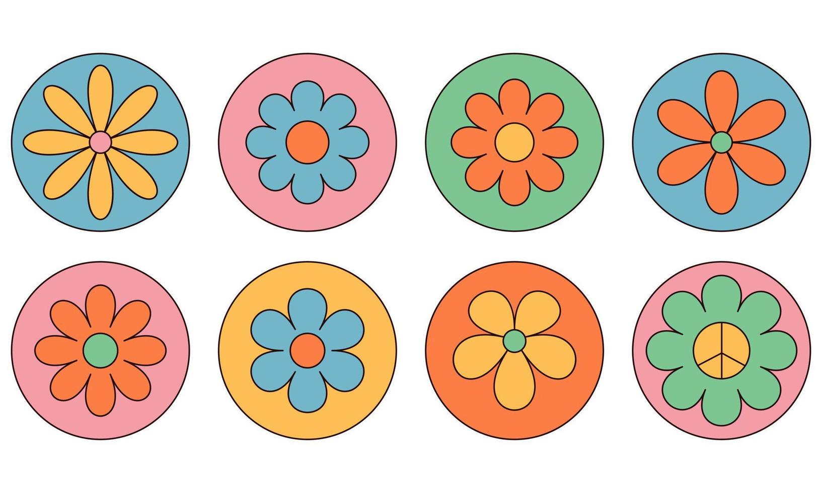 Groovy hippie flower stickers. Sticker pack of flowers in trendy retro 60s 70s cartoon style. vector