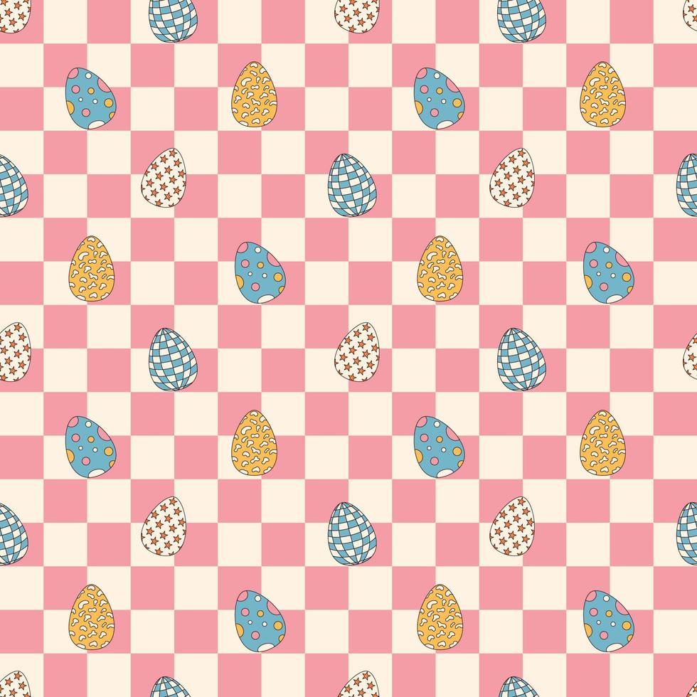 Groovy hippie Happy Easter seamless pattern. Easter eggs on a chess background. Easter backgrounds in trendy retro 60s 70s cartoon style. vector