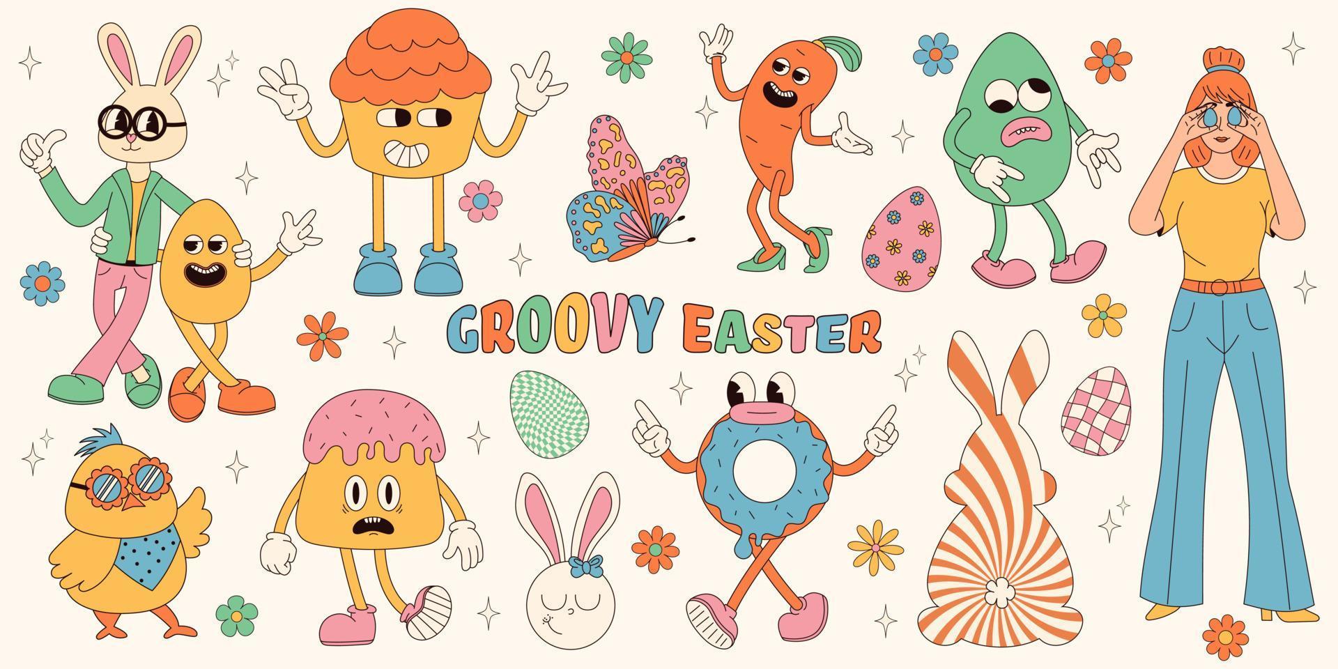 maravilloso hippie contento Pascua de Resurrección colocar. Pascua de Resurrección conejito, huevos, mariposas, pastelitos, pollos conjunto de dibujos animados caracteres y elementos en de moda retro 60s 70s dibujos animados estilo. vector