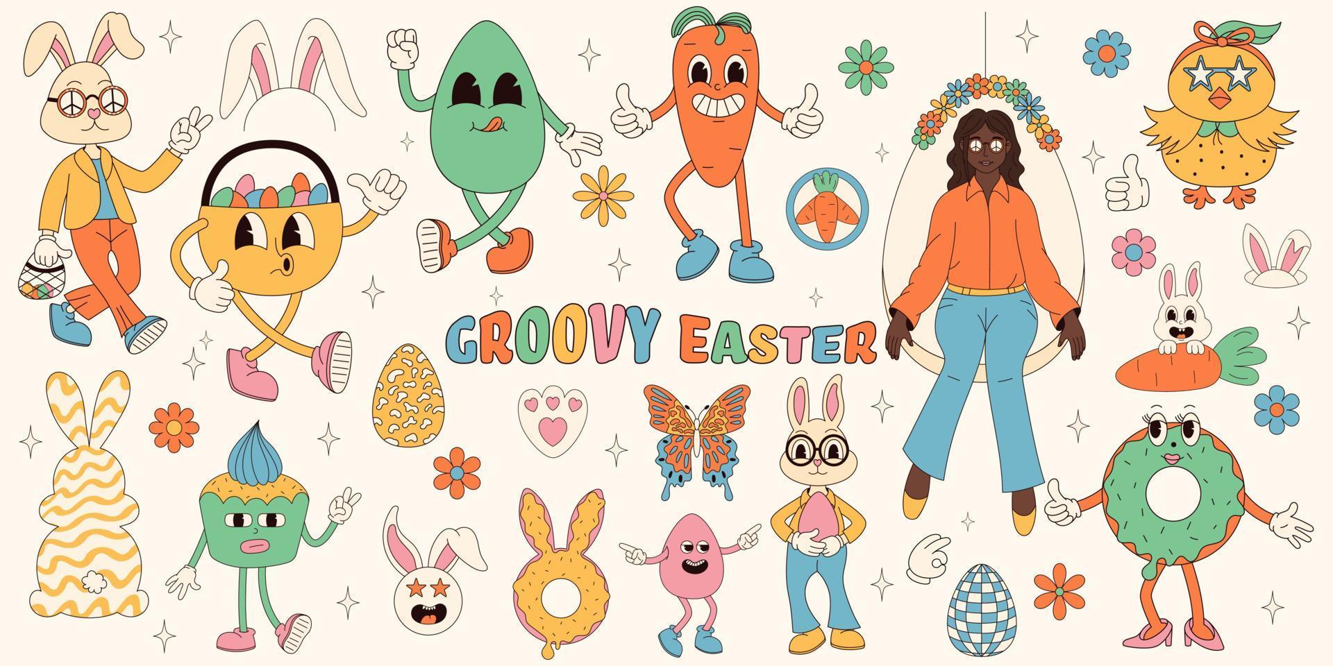 maravilloso hippie contento Pascua de Resurrección colocar. Pascua de Resurrección conejito, huevos, mariposas, pastelitos, pollos conjunto de dibujos animados caracteres y elementos en de moda retro 60s 70s dibujos animados estilo. vector