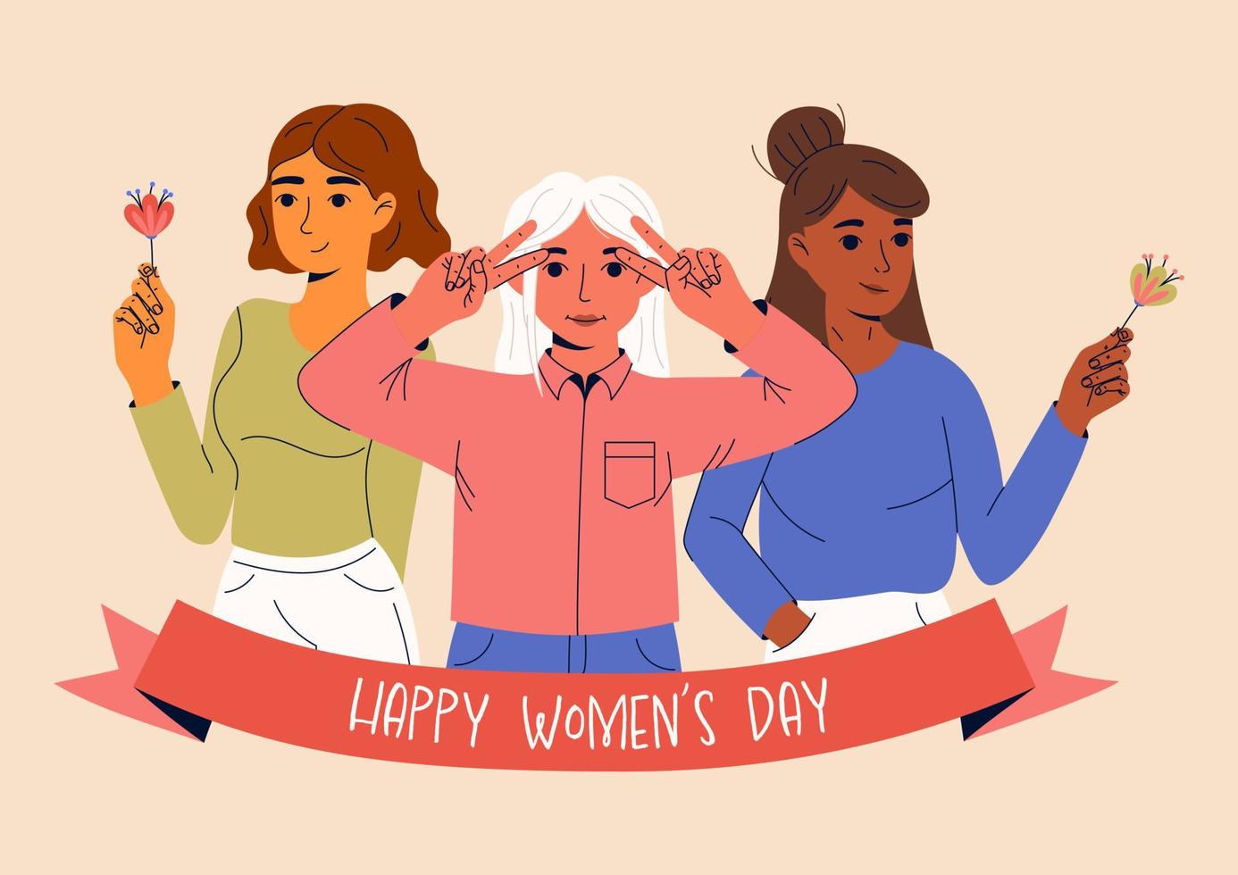 8 march, International Women's Day. Greeting card or postcard templates with young women for card, poster, flyer. Girl power, feminism, sisterhood concept. vector