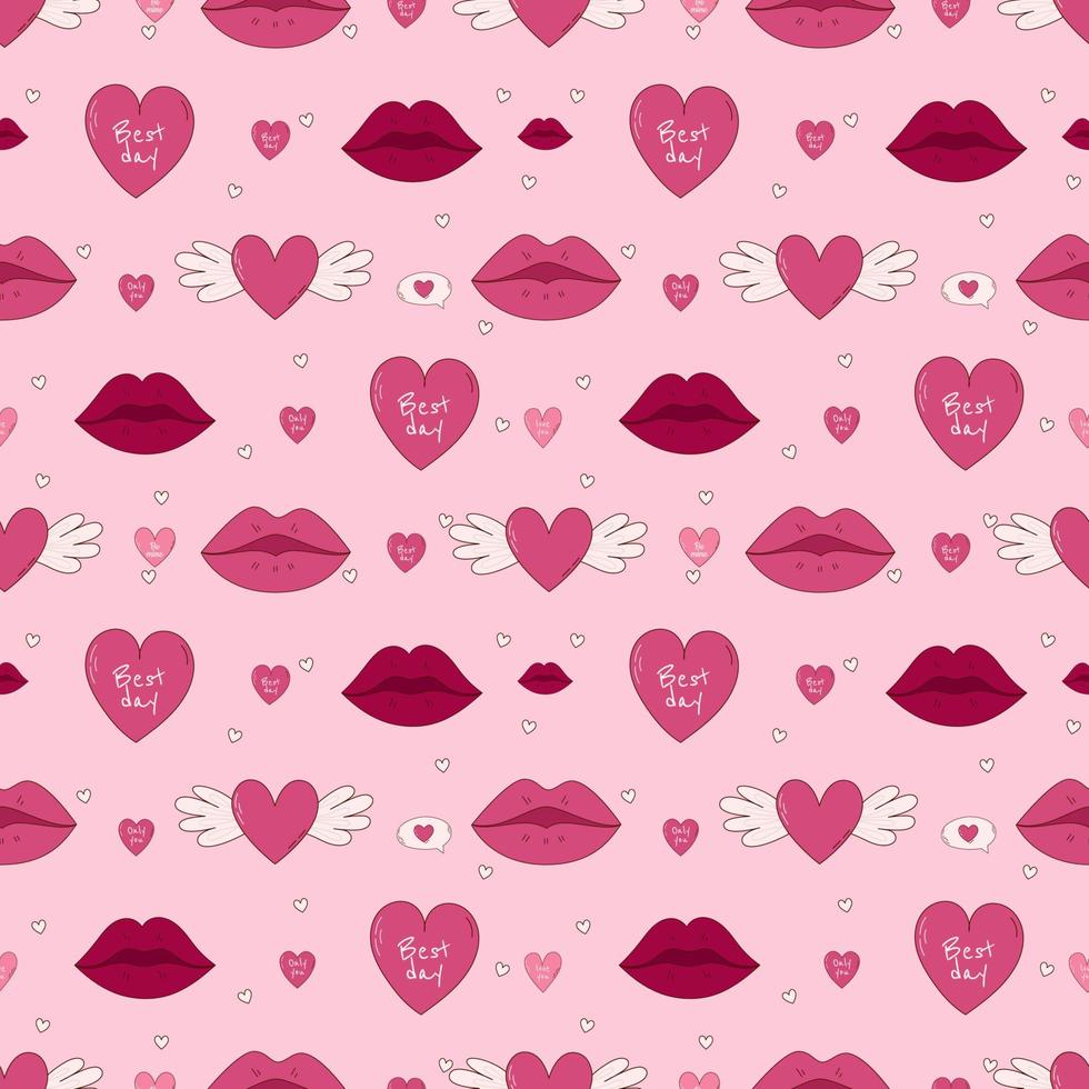 Valentine's Day Hand drawn seamless pattern. Hearts and lips vector