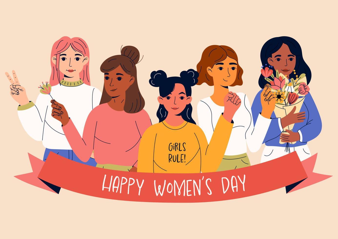 8 march, International Women's Day. Greeting card or postcard templates with young women for card, poster, flyer. Girl power, feminism, sisterhood concept. vector
