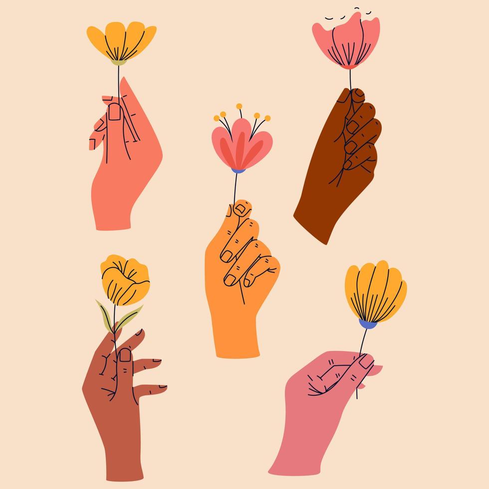 Set of female hands holding bunches of blooming flowers. Good for greeting cards or invitation design, poster. vector