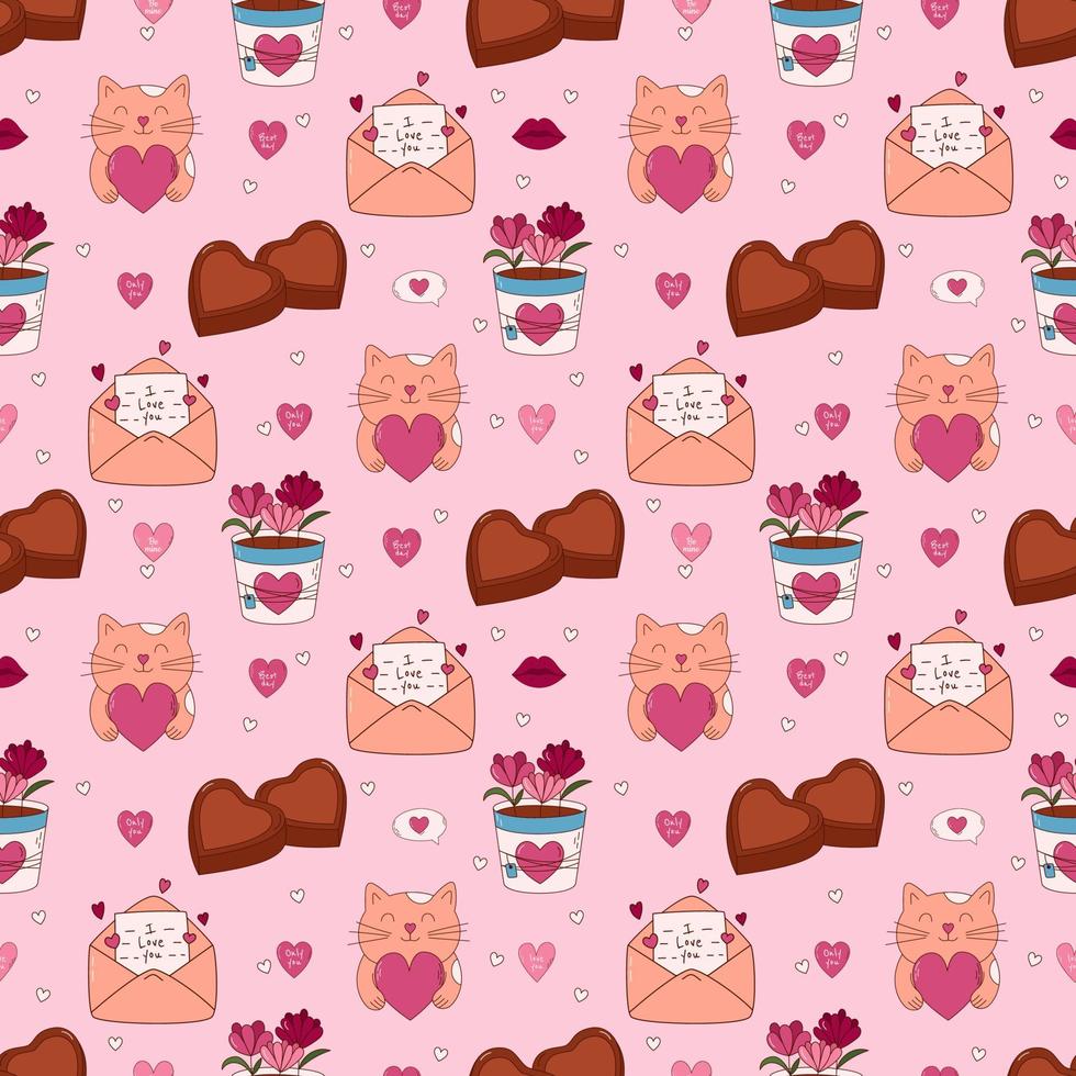 Valentine's Day Hand drawn seamless pattern. Letter, heart, pot, flower, cat and other elements. vector