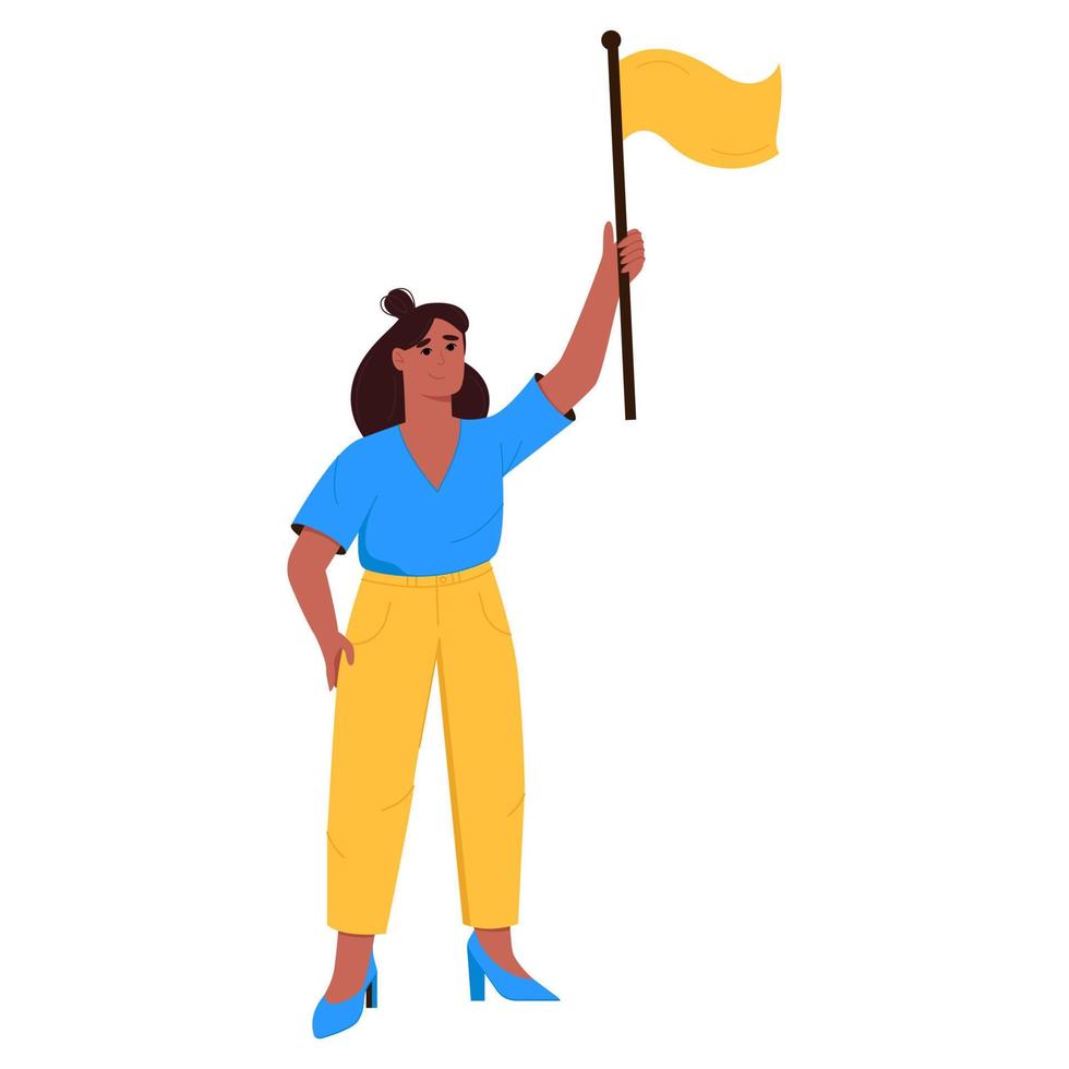 Success businesswoman holding waving flag and check mark. Leadership, winner, challenge goal achievement, successful manager concept. vector
