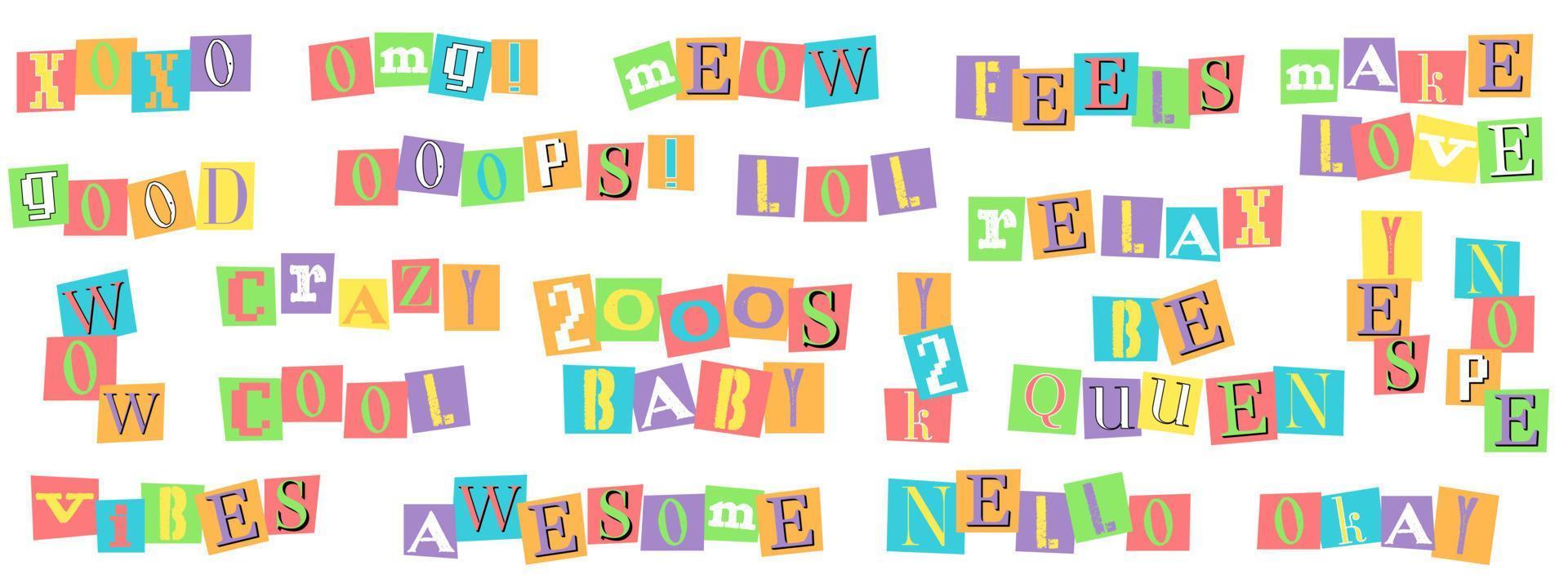 Anonymous criminal letters, numbers and punctuation cut from magazines. Clipping alphabet in trendy 90s, 00s psychedelic style. Y2K aesthetic. vector
