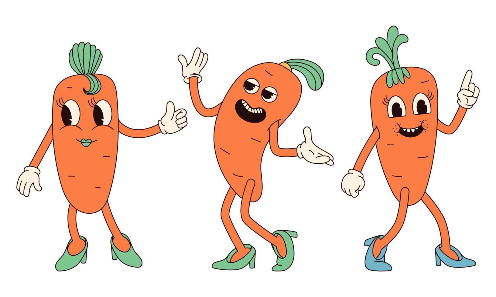 Groovy hippie Happy Easter characters. Set of Easter carrot in trendy retro 60s 70s cartoon style. vector