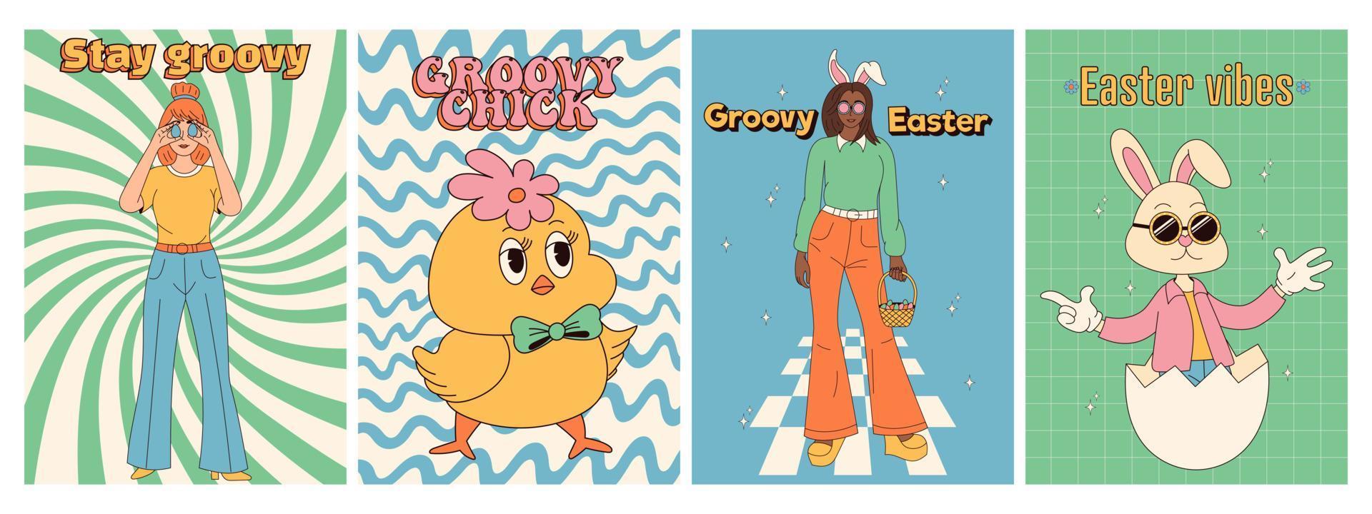 Groovy hippie Happy Easter posters. Easter eggs, bunny. Vector card in trendy retro 60s 70s cartoon style.