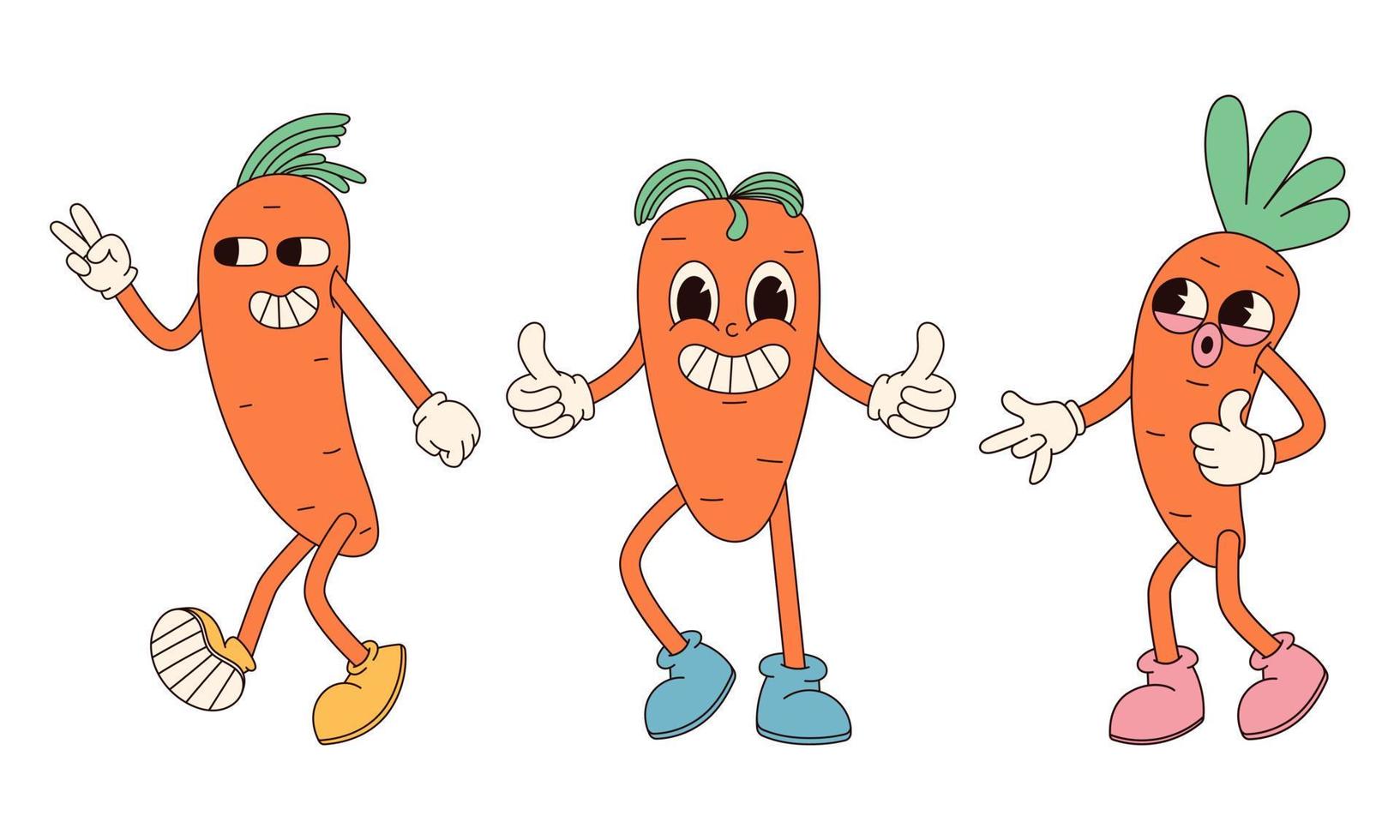 Groovy hippie Happy Easter characters. Set of Easter carrot in trendy retro 60s 70s cartoon style. vector