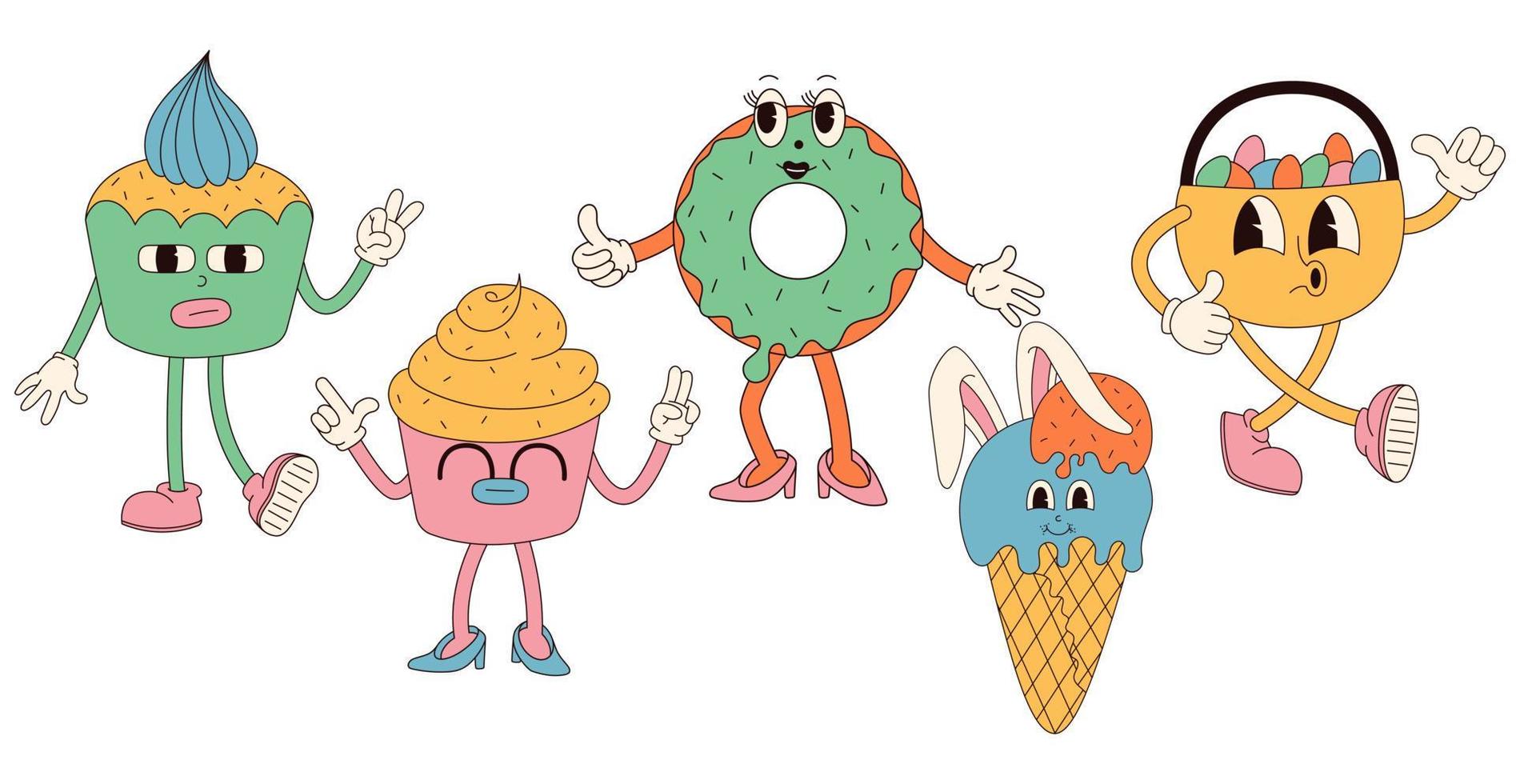 Groovy hippie Happy Easter characters. Easter bun, ice cream, egg basket in trendy retro 60s 70s cartoon style. vector