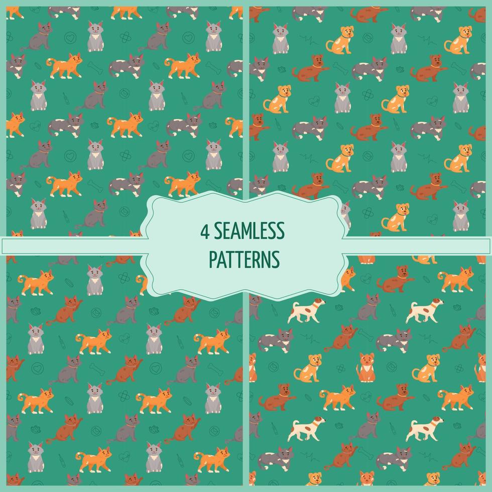 Set of dogs and cats seamless pattern. Flat vector illustration