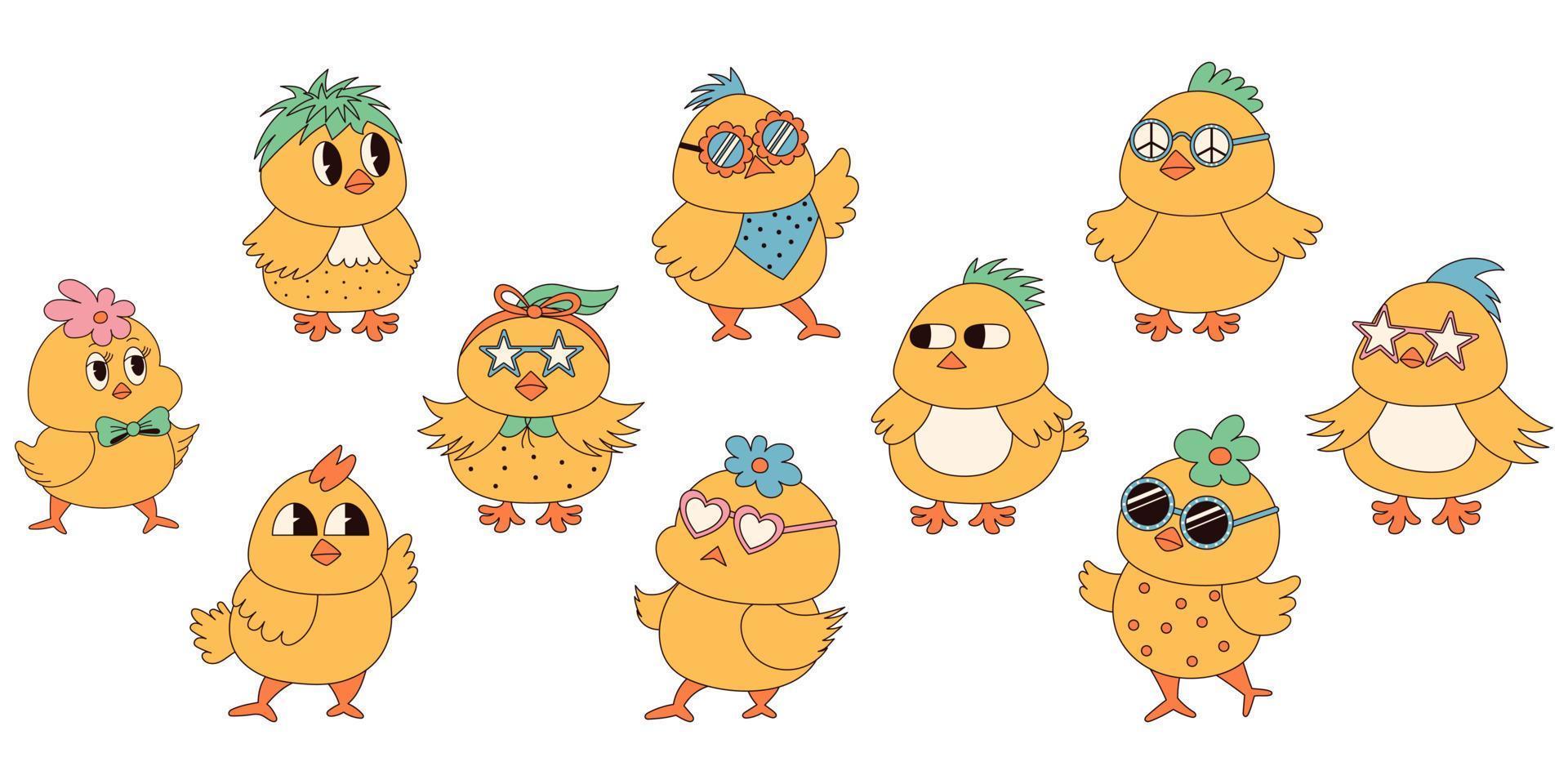 Groovy hippie Happy Easter characters. Set of Easter chicks in trendy retro 60s 70s cartoon style. vector