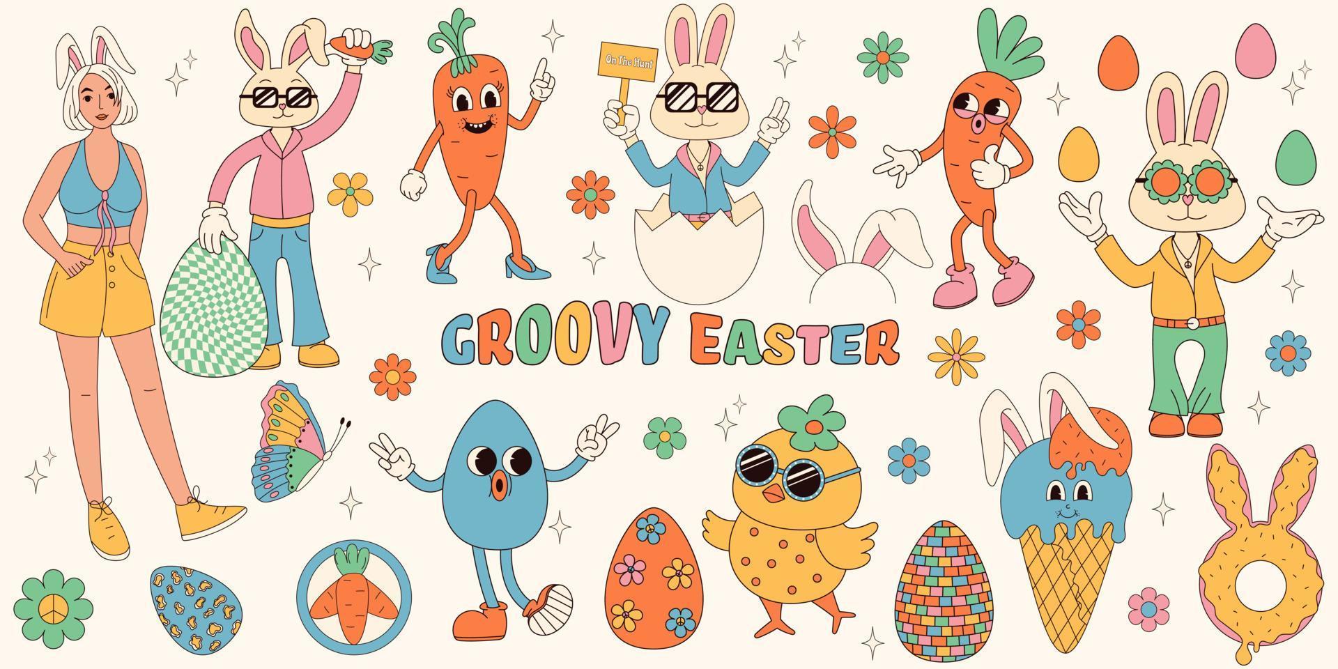 maravilloso hippie contento Pascua de Resurrección colocar. Pascua de Resurrección conejito, huevos, mariposas, pastelitos, pollos conjunto de dibujos animados caracteres y elementos en de moda retro 60s 70s dibujos animados estilo. vector