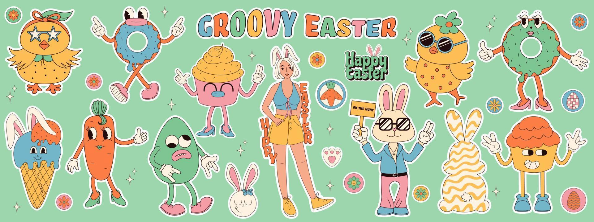 Groovy hippie Happy Easter stickers. Easter bunny, eggs, flower, chickens. Sticker pack of cartoon characters and elements in trendy retro 60s 70s cartoon style. vector