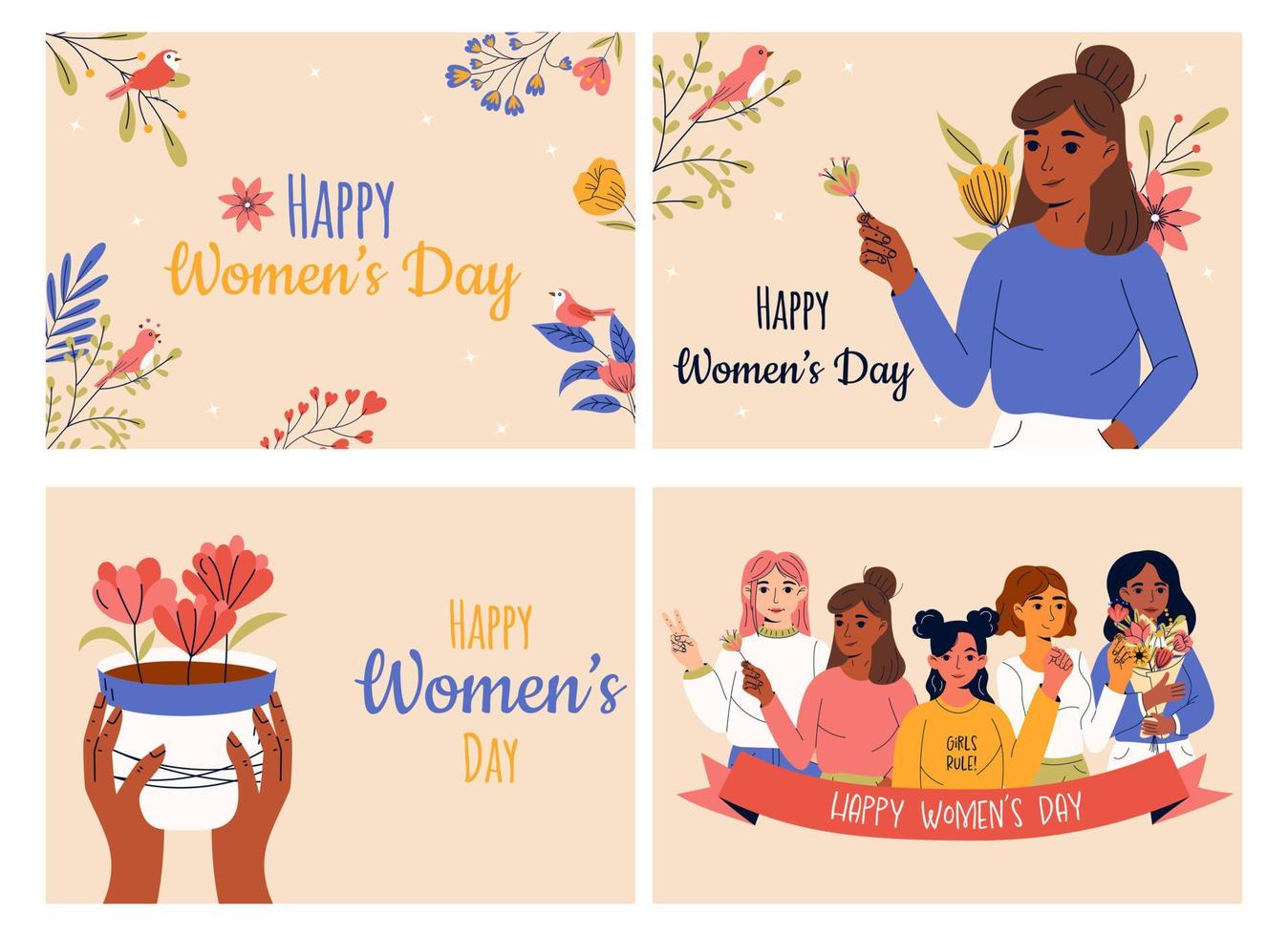 colección de saludo tarjeta o tarjeta postal plantillas. 8 marzo, internacional De las mujeres día. niña fuerza, feminismo, hermandad concepto. vector