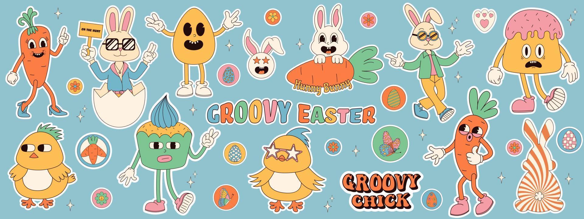 Groovy hippie Happy Easter stickers. Easter bunny, eggs, flower, chickens. Sticker pack of cartoon characters and elements in trendy retro 60s 70s cartoon style. vector