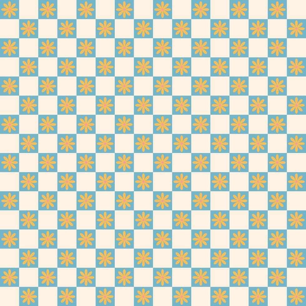 Groovy hippie Happy Easter seamless pattern. Flowers on a chess background. Easter backgrounds in trendy retro 60s 70s cartoon style. vector