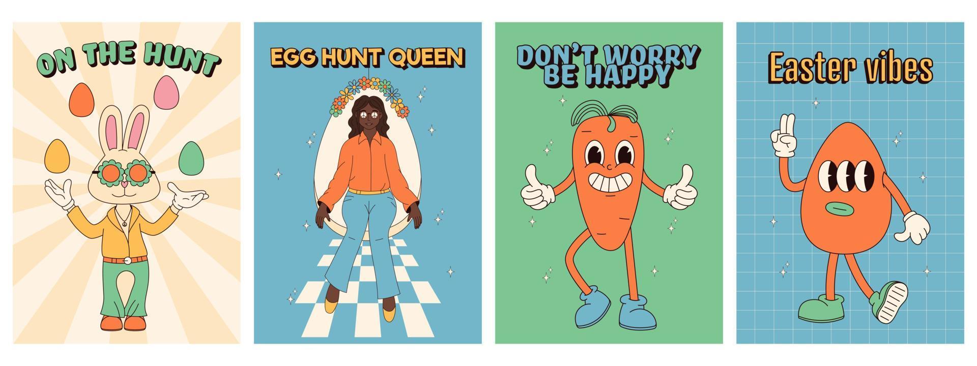 Groovy hippie Happy Easter posters. Easter eggs, bunny. Vector card in trendy retro 60s 70s cartoon style.