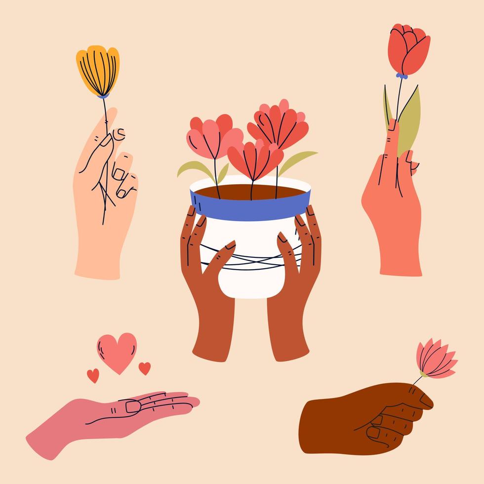 Set of female hands holding bunches of blooming flowers. Good for greeting cards or invitation design, poster. vector