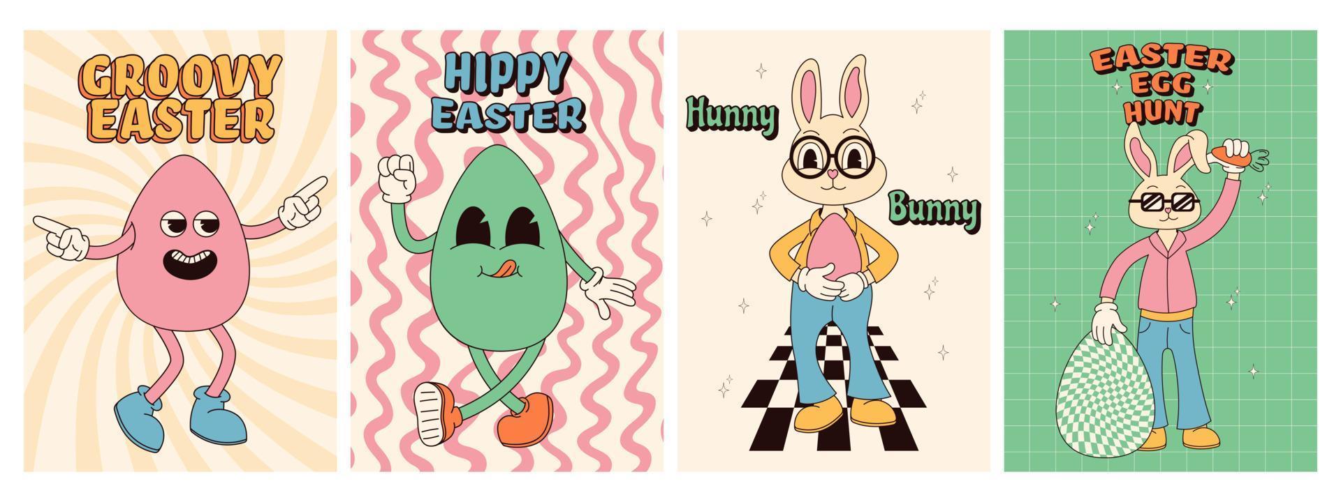 Groovy hippie Happy Easter posters. Easter eggs, bunny. Vector card in trendy retro 60s 70s cartoon style.