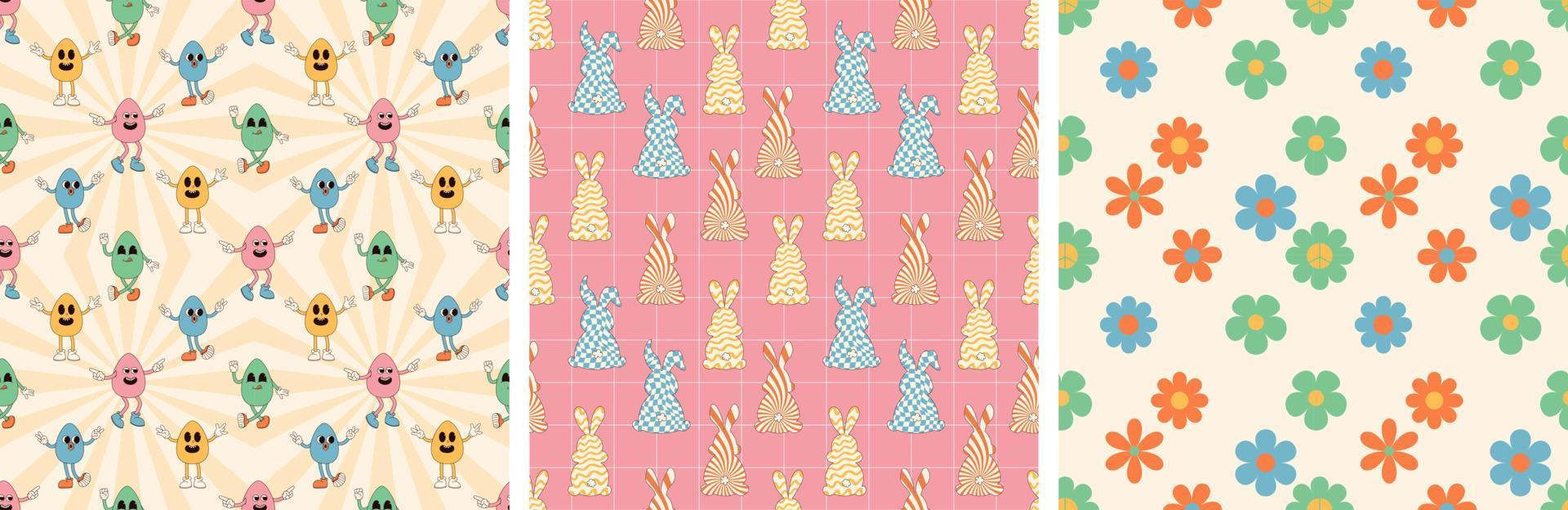 Groovy hippie Happy Easter seamless pattern set. Easter backgrounds in trendy retro 60s 70s cartoon style. vector