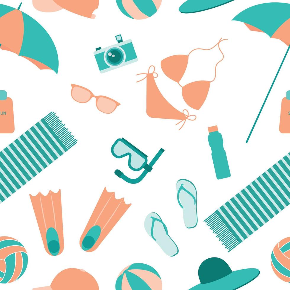 Summer seamless pattern. Accessories for sea holidays. Suitable for printing, textiles, backgrounds, wallpaper, wrapping paper, packaging. White background. vector