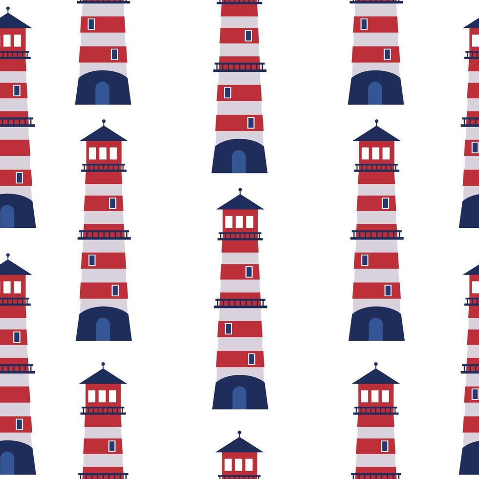 Seamless pattern of towers. The navigation object is a lighthouse. Vector illustration on a white background