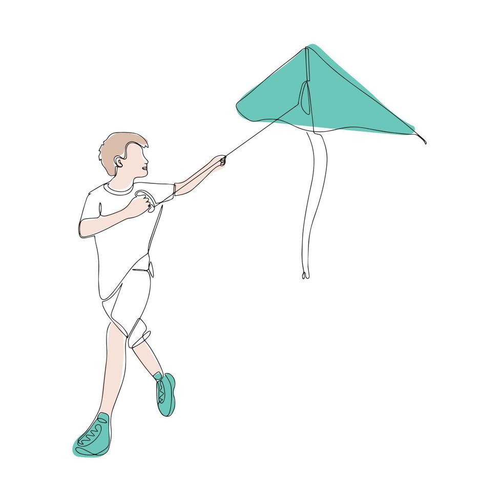 The boy holds a kite in his hand. The boy runs with a kite in his hand. Modern graphic design with continuous drawing line. vector