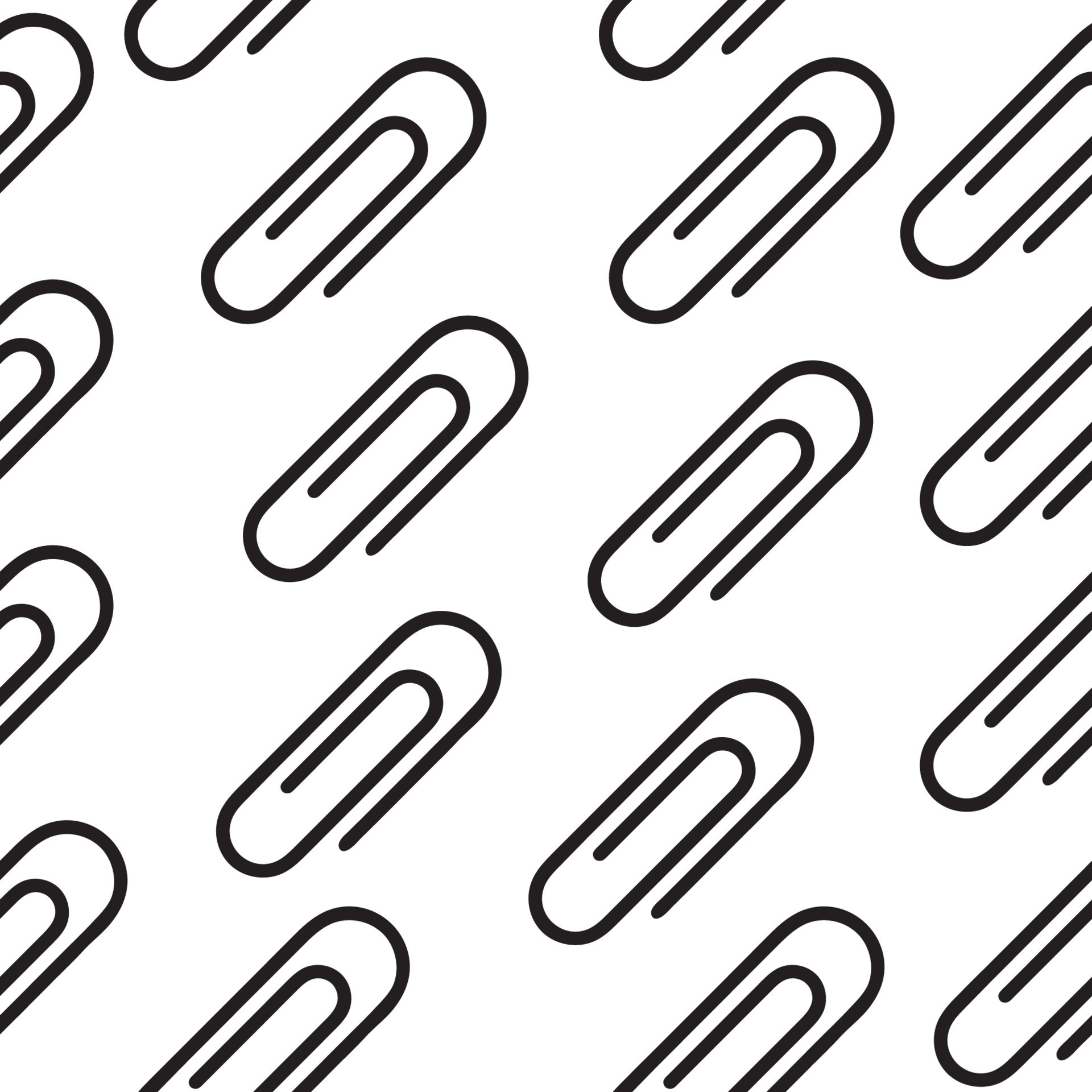 Seamless pattern of black paper clips. Vector illustration, white