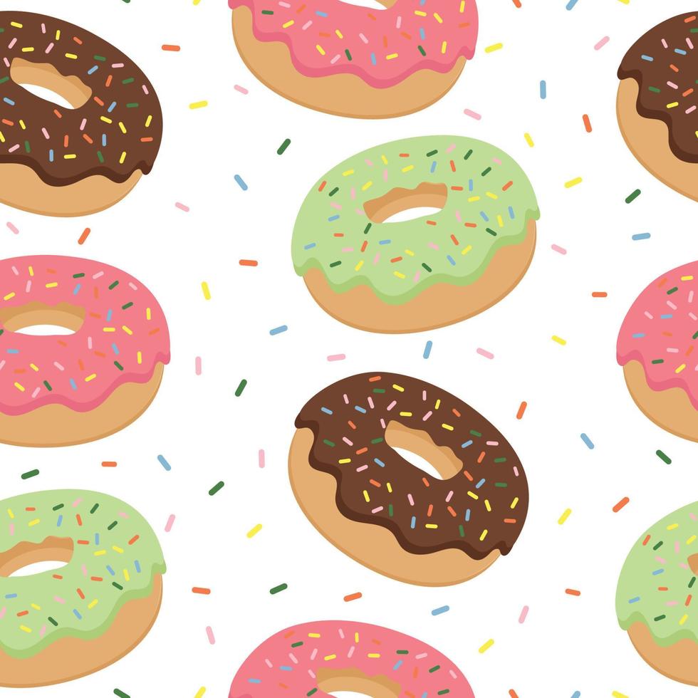 Seamless pattern of bright donuts. Vector illustration of desserts. Collection of sweet pastries.
