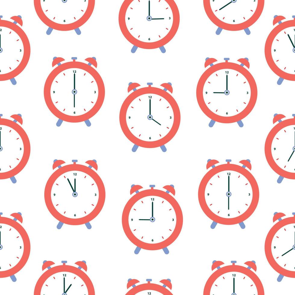 Seamless pattern of alarm clocks. Vector illustration in a flat style, isolated on a white background.