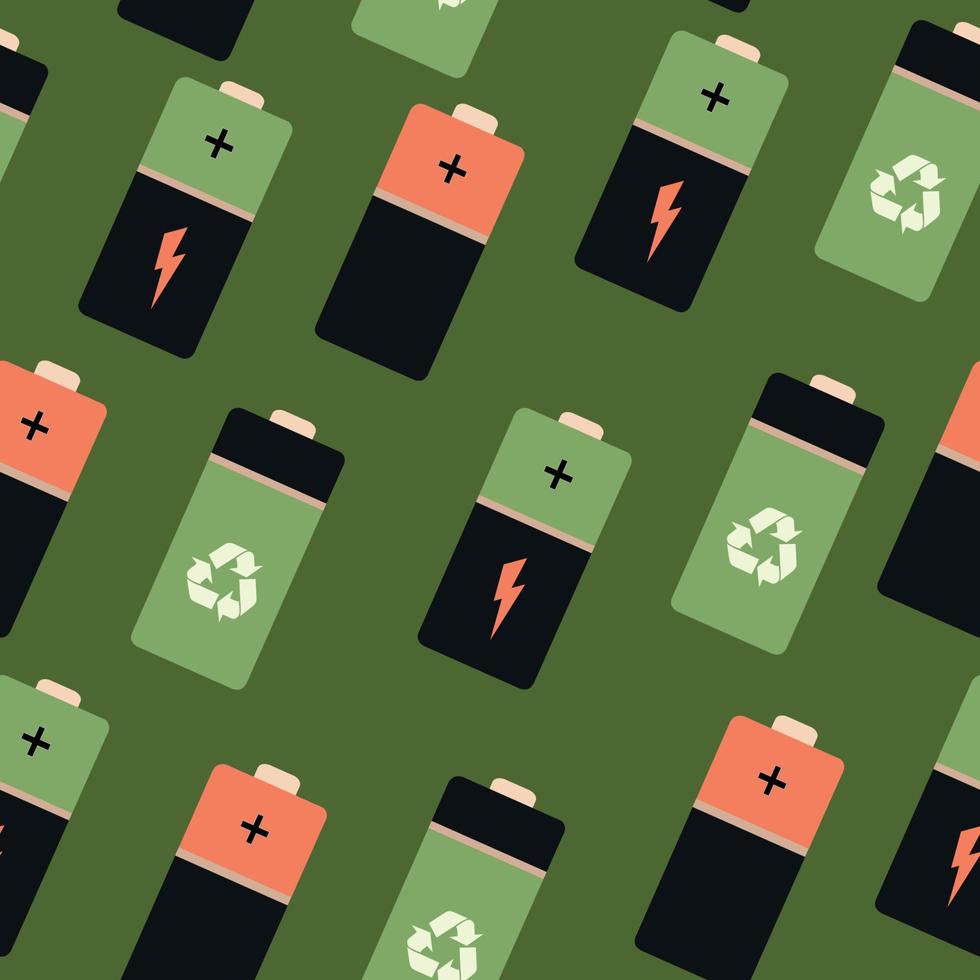 Seamless pattern of their insulated cylindrical batteries. A group of colored batteries on a green background. vector