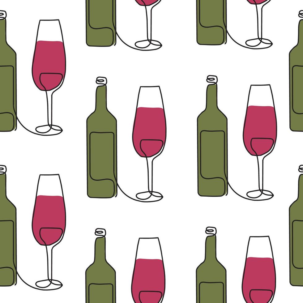 Seamless pattern. Vector illustration of a wine bottle and a glass. Drawing in one line
