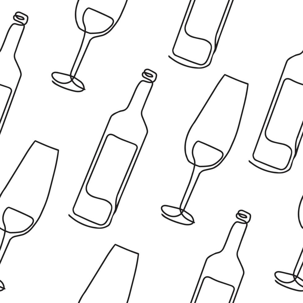 Seamless pattern. Vector illustration of a wine bottle and a glass. Drawing in one line